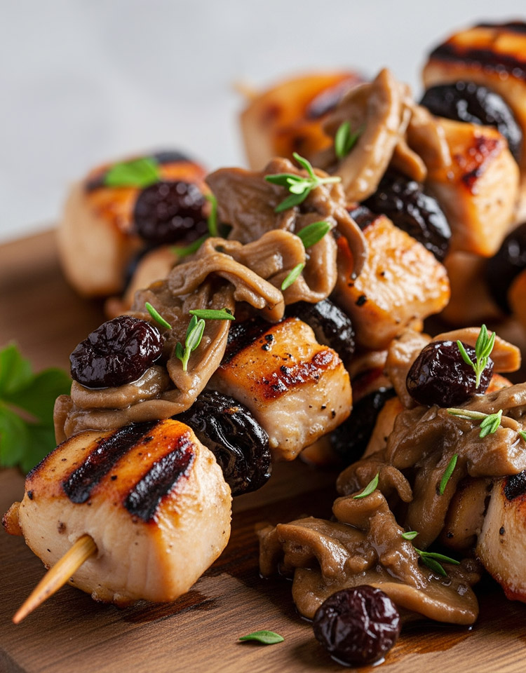 Grilled Chicken Skewers with Dried Cherry and Oyster Mushroom Compote