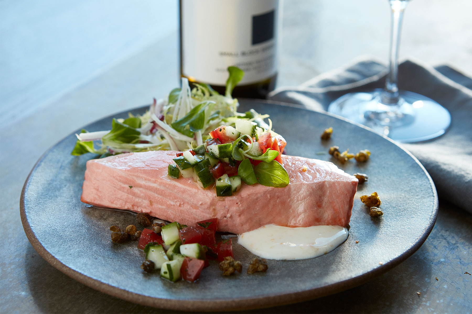 Pan Roasted King Salmon, Citrus Crème Fraîche - Hess Persson Estates