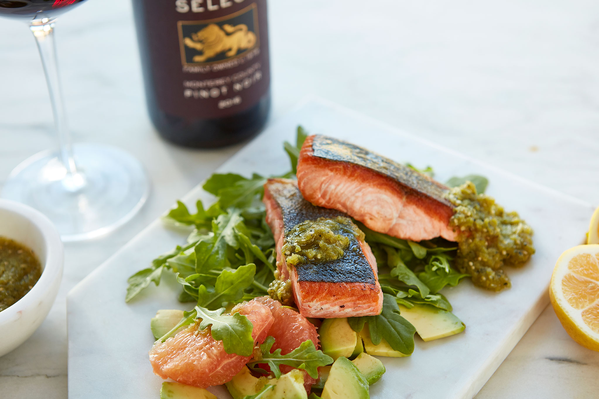 Sautéed Wild Salmon, Avocado & Salsa Verde - Hess Persson Estates