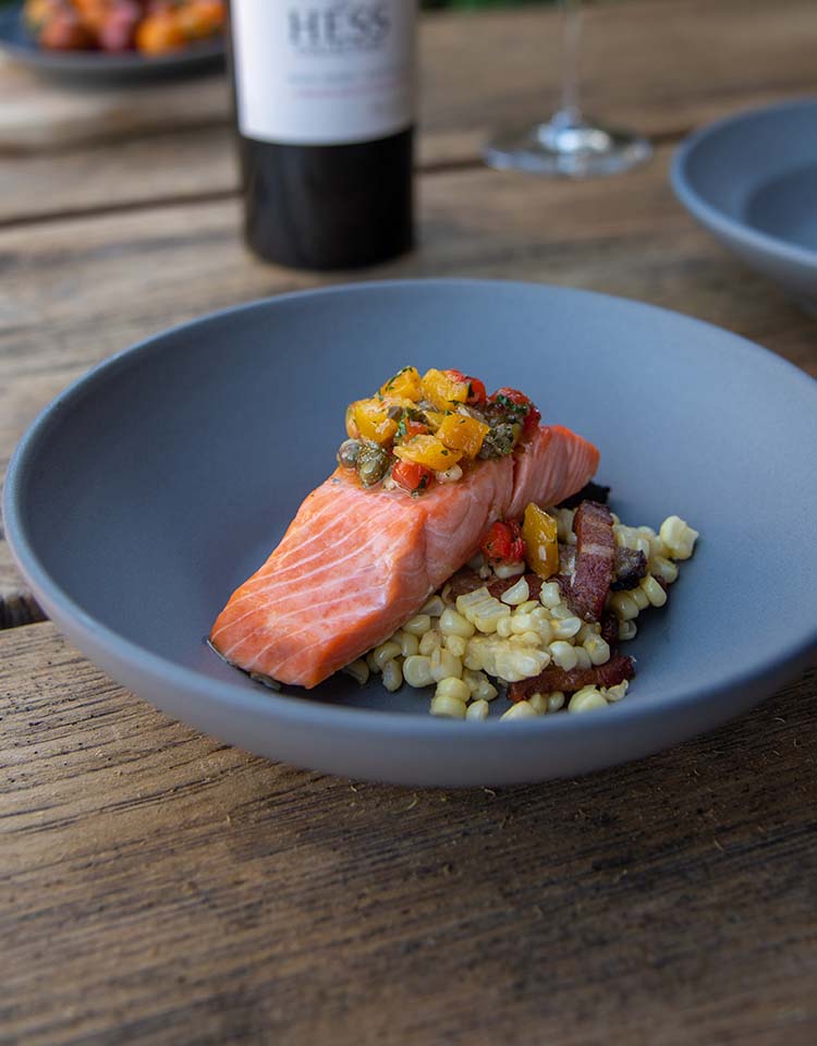 Poached King Salmon, Corn & Pepper Relish
