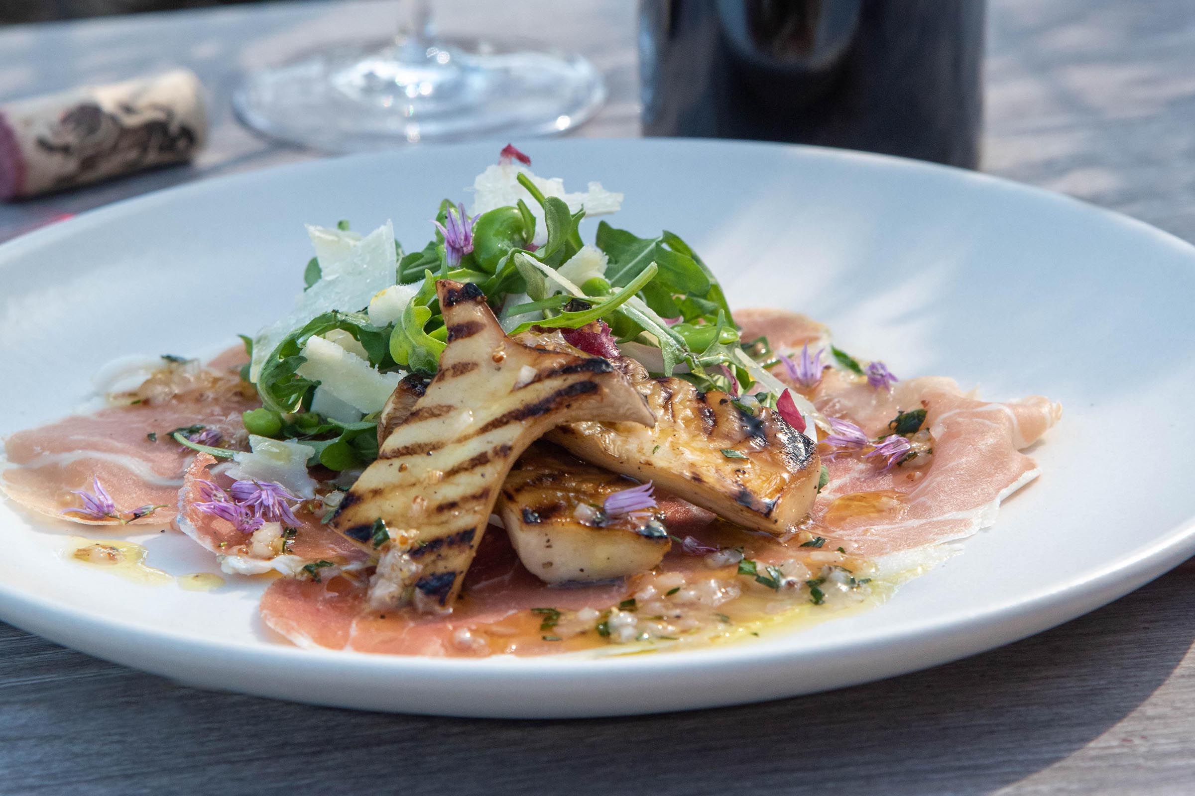 Grilled Trumpet Mushrooms with Prosciutto & Greens Hess Persson Estates